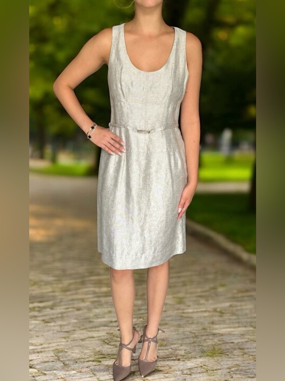 🆕 Hugo Boss Linen Silk Dress Metallic Beige